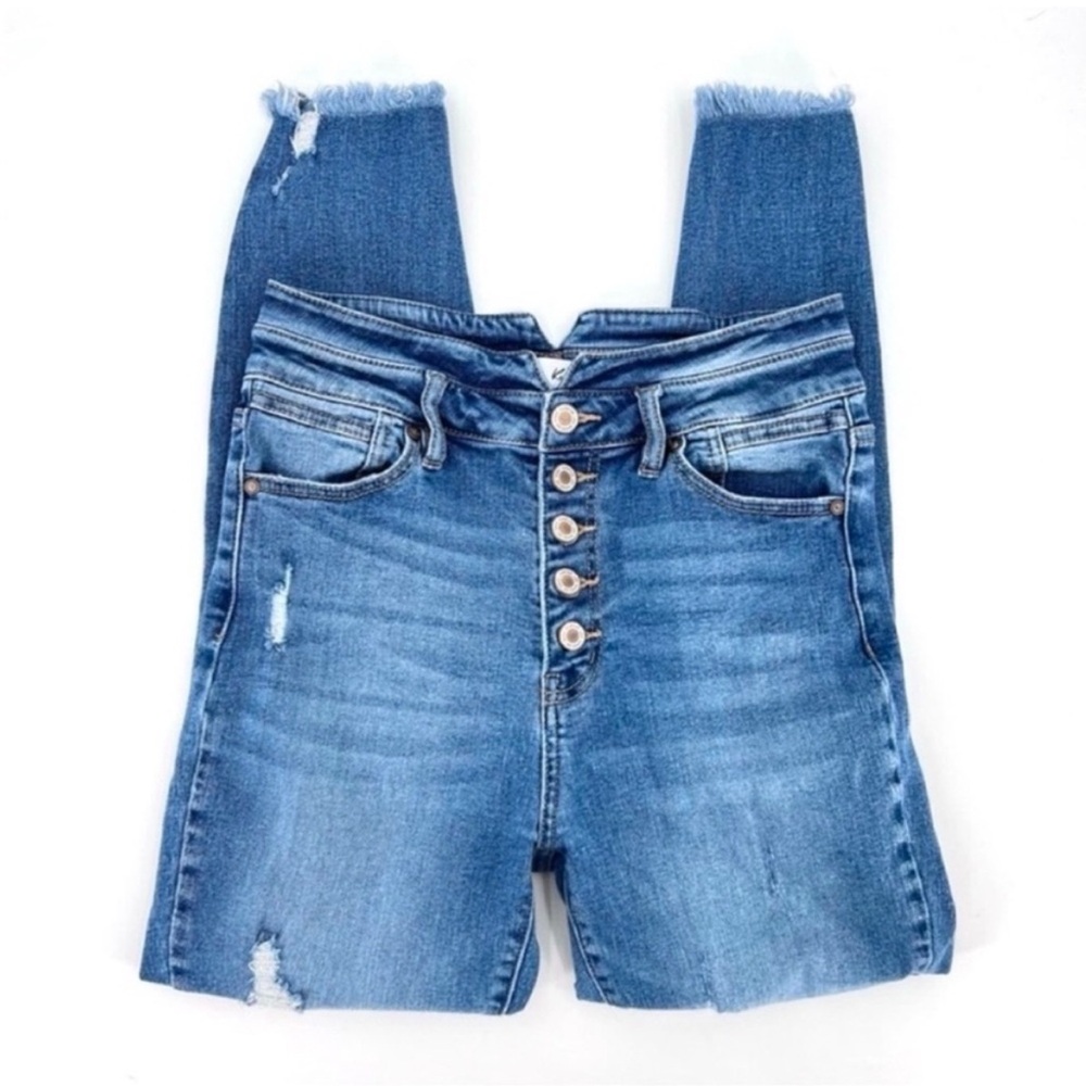 Kancan Button Fly High Rise Ankle Skinny Jeans size 9/28 distressed frayed hem